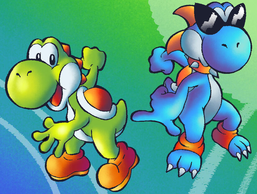 Art of Yoshi and Boshi for a thumbnail for a Mario RPG video referencing poses from the game Sonic Adventure 2